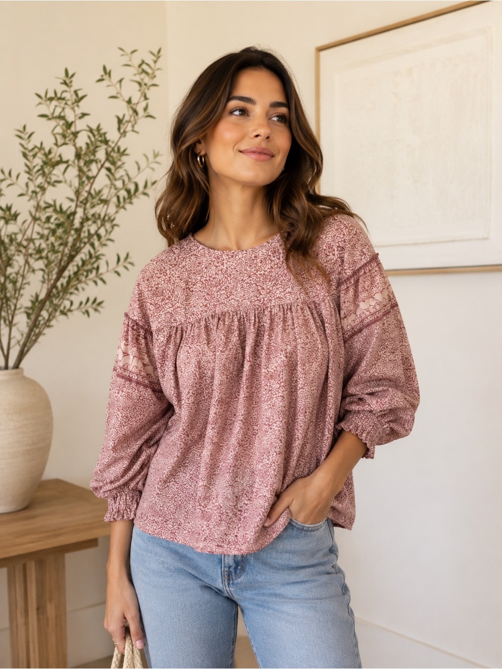 Anna Sui Dusty Rose Floral Peasant Blouse